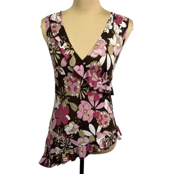 Vtg Y2K Ruffle babydoll Top sz M V-Neck asymetrical pink brown USA Fairy indie - Picture 1 of 8